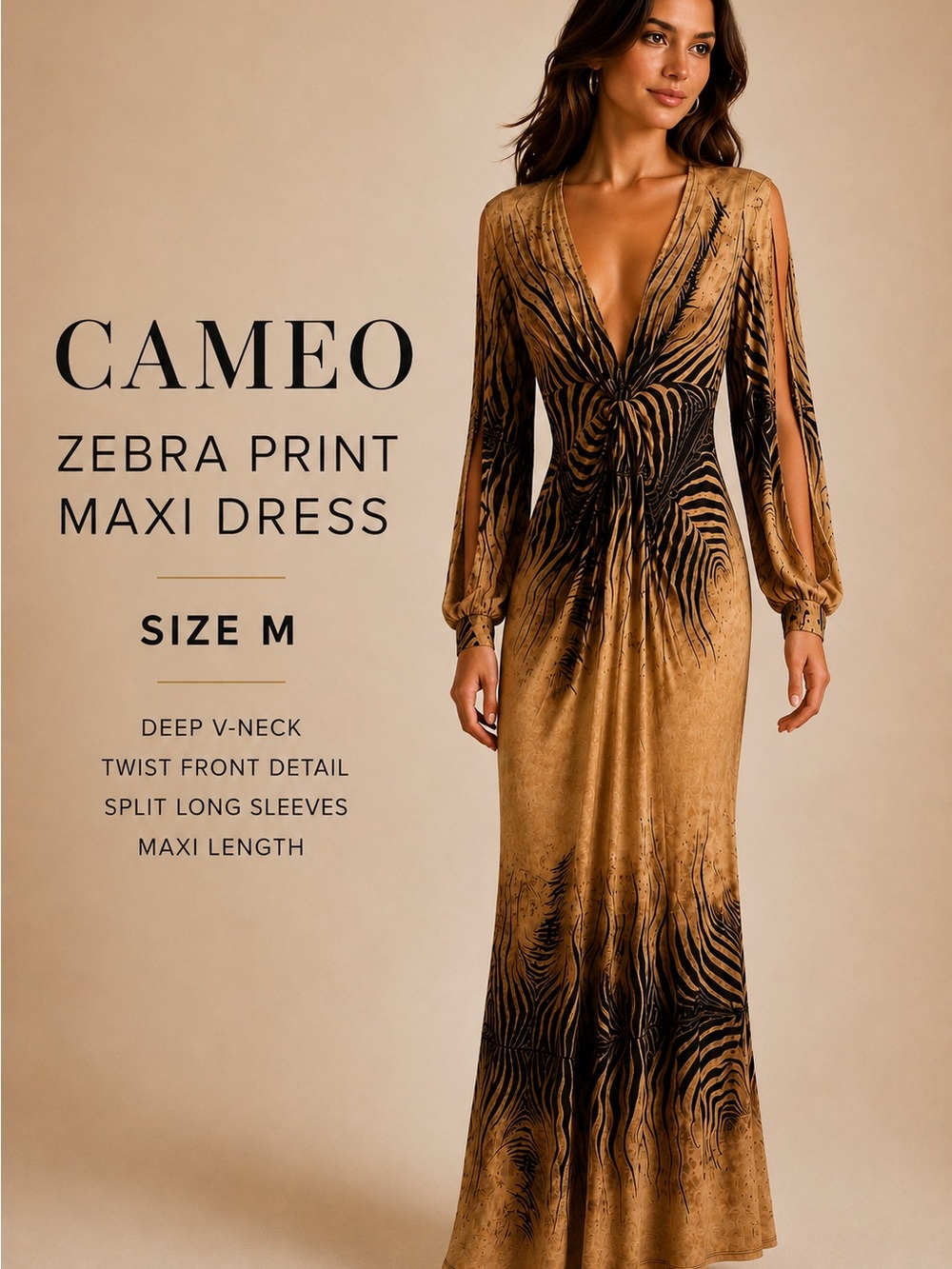Cameo Zebra Print Stretch Twist Front Split Sleeve Maxi Dress Size L